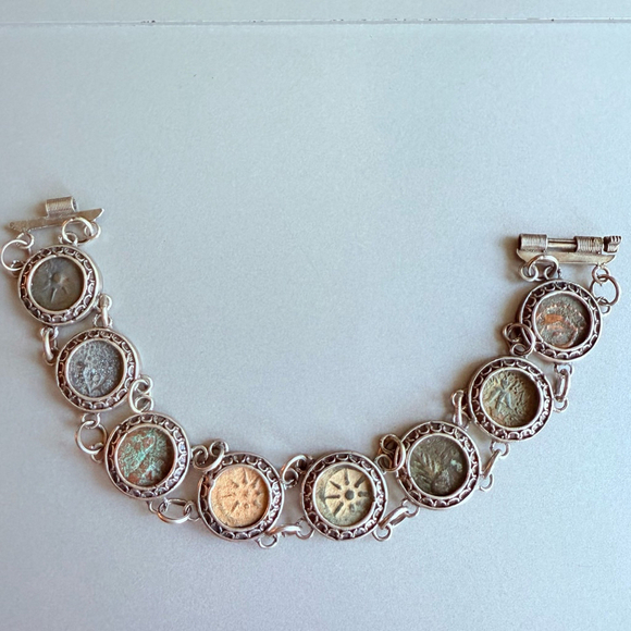 Antique Rare Bronze 8 Widow's Mite Ancient Coins Sterling Silver 950 Bracelet - Picture 1 of 8